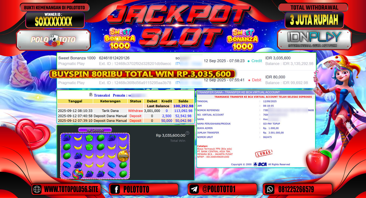 POLOTOTO JACKPOT SLOT SWEET BONANZA 1000 Rp.3.001.000,-