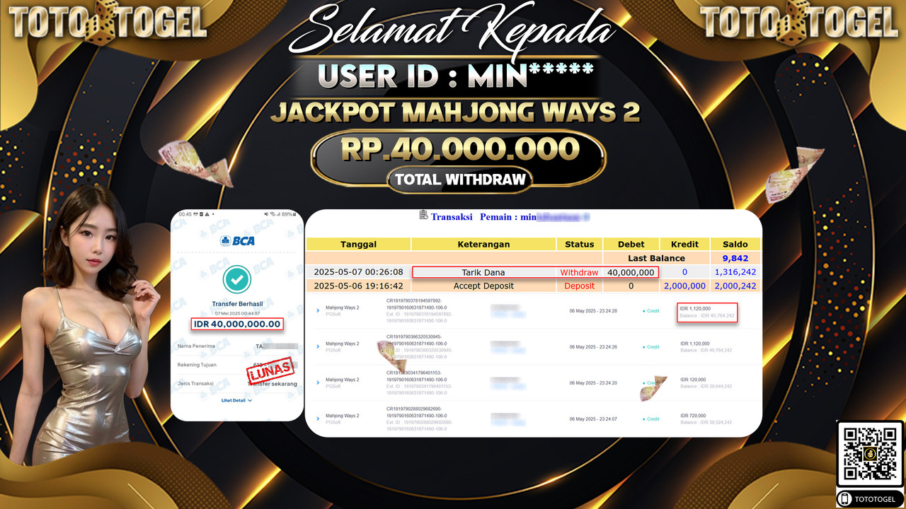 Bukti Pembayaran Jackpot  Permainan Slot Mahjong Ways 2 ID:MIN***** LUNAS