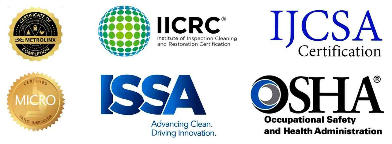 Metrolinx, IICRC, IJCSA, MICRO, ISSA and OSHA certification logos