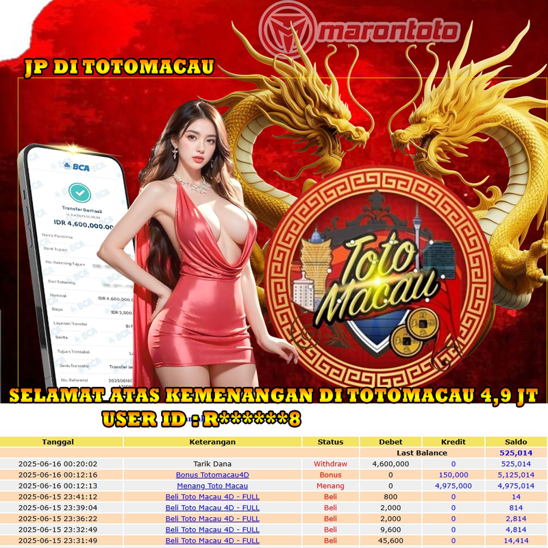 Bukti Kemenangan Member Marontoto Sebesar 4,975,000 JuTa