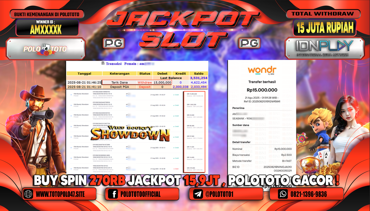 POLOTOTO JACKPOT SLOT WILD BOUNTY SHOWDOWN Rp.15.000.000,-