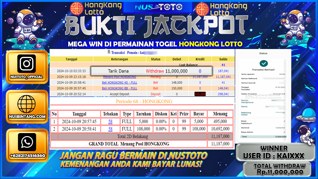 JACKPOT !! MENANG BESAR DI PASARAN TOGEL HONGKON LOTTO Rp. 11.000.000 LANGSUNGaDI BAYAR LUNAS NUSTOTO !!