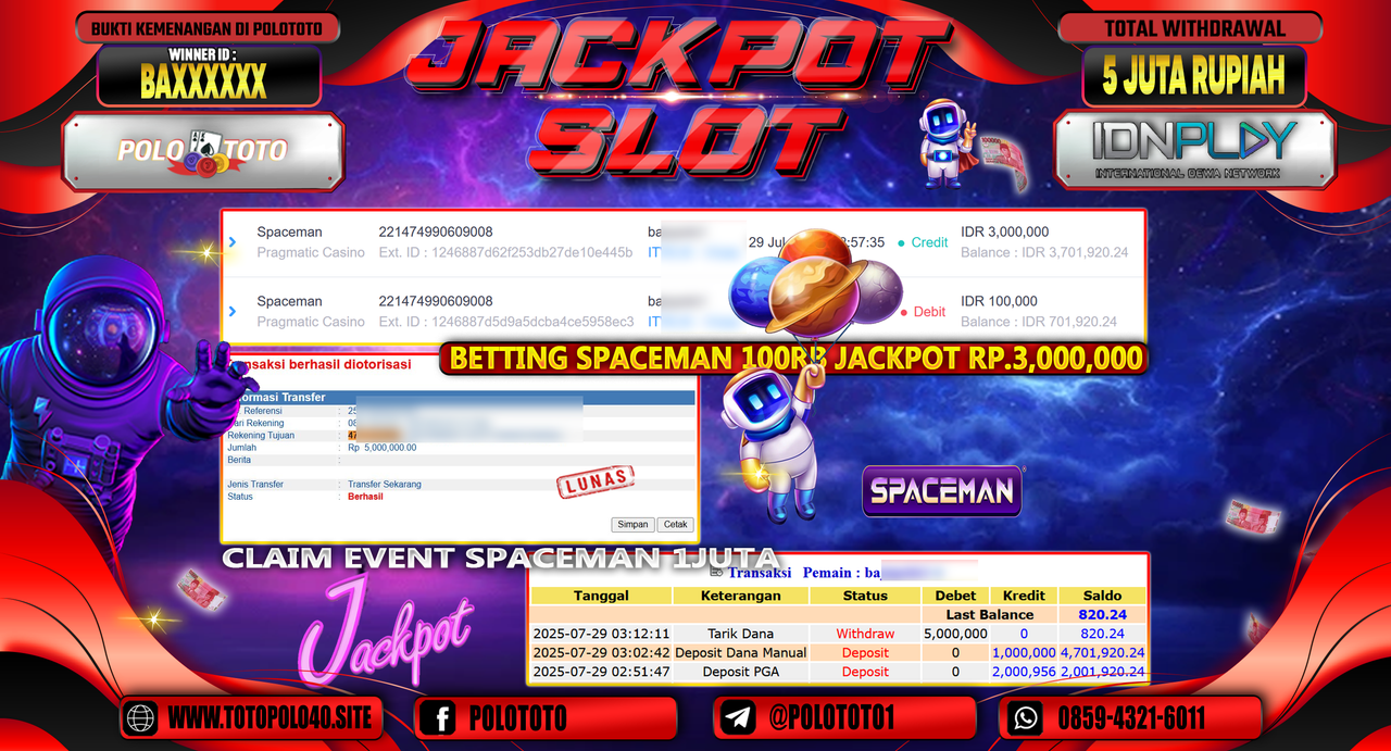 POLOTOTO JACKPOT SLOT SPACEMAN Rp.5.000.000,-LUNAS