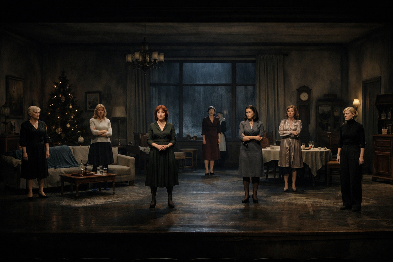 Сцена из спектакля «8 разгневанных женщин» в напряжённой камерной атмосфере