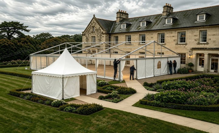 Wedding reception setup inside tent with elegant lighting