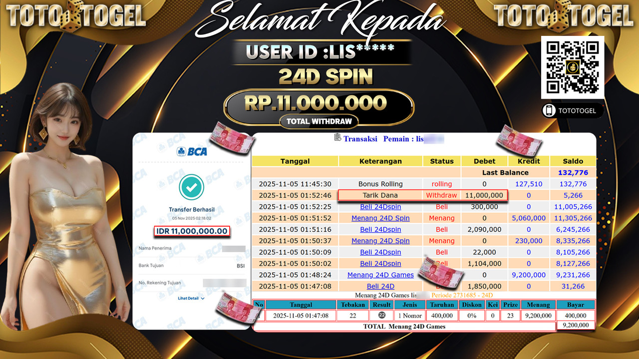 Bukti Pembayaran Jackpot Permainan Live Games 24D Spin ID:LIS**** LUNAS