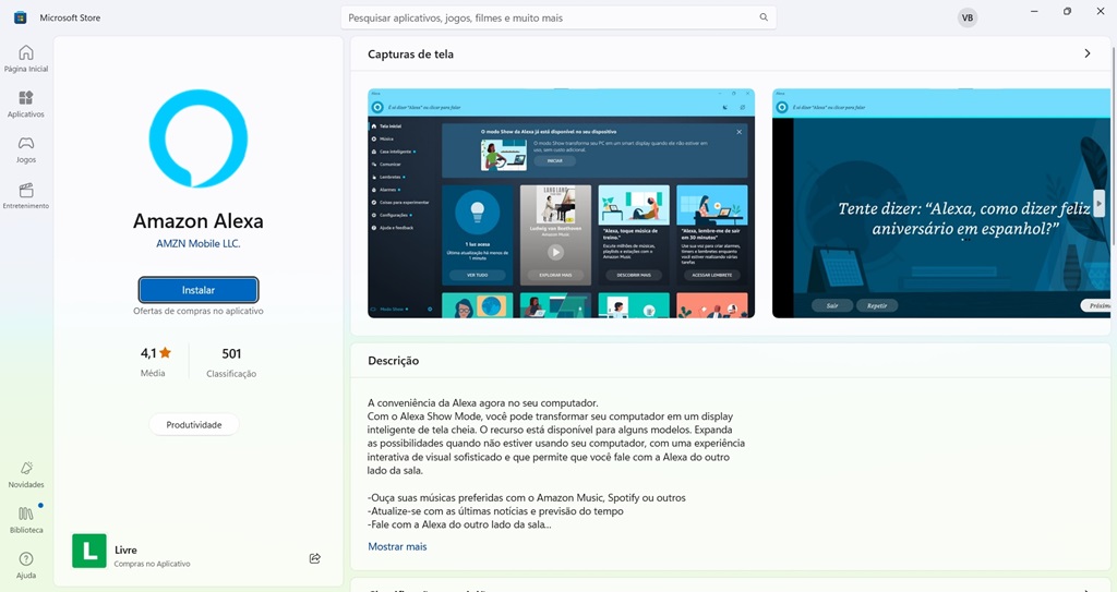 Microsoft Store mostrando o aplicativo Alexa pronto para instalação. Imagem: reproução.