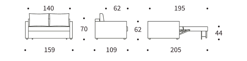 Schéma dimensions Neah 140 Slim Arms Innovation Living — L159 × P109 × H90 cm canapé, lit 140×195 cm