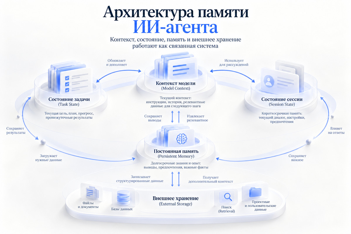 Архитектура памяти ИИ-агента: контекст модели, состояние задачи, состояние сессии, постоянная память и внешнее хранилище