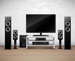 Imagem de um sistema de home theater moderno com vários alto-falantes.