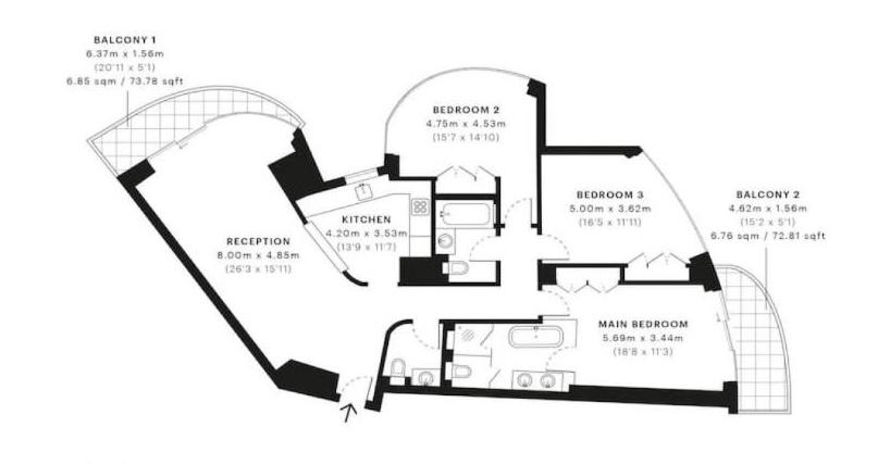 Keyplan layout for a 3‑BR apartment in Damac Paramount - Tower D showing unit positioning and layout configuration within the tower, part of a Dubai investor Distress Deal opportunity in Damac Paramount - Tower D