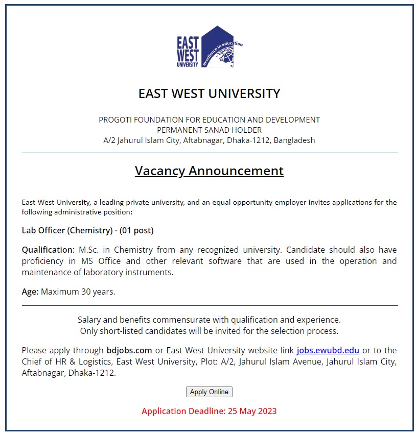 East West University job circular 2023