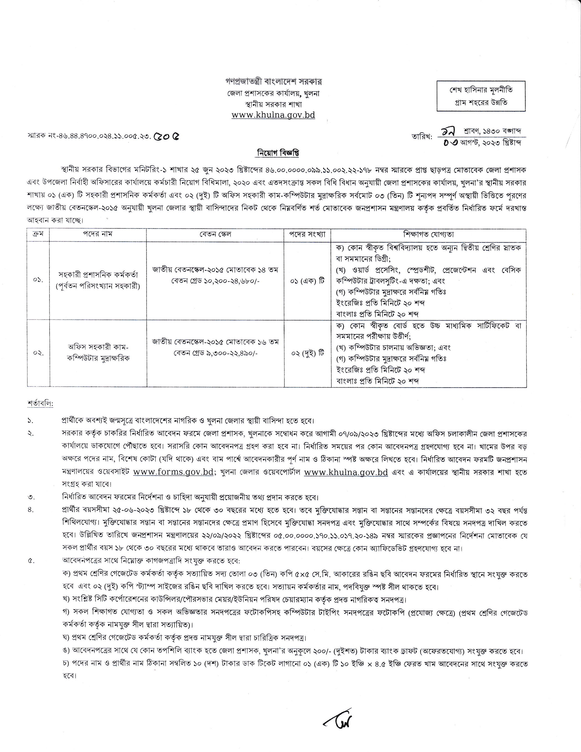 Khulna DC Office Job Circular 2023
