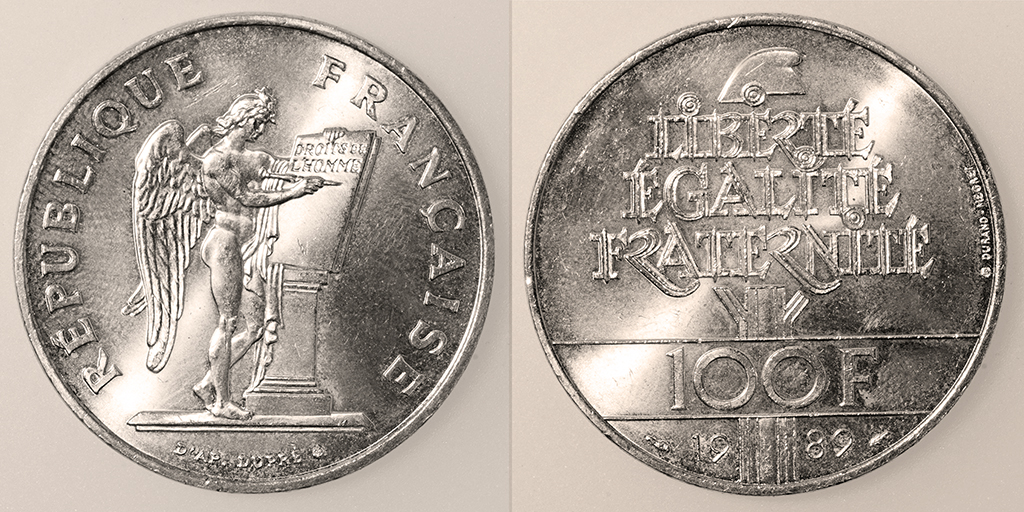 Las monedas de 100 francos de plata. Francia. V República. 1989