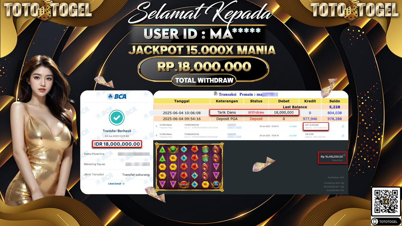 Bukti Pembayaran Jackpot Permainan Slot 15.000X Mania ID:MA***** LUNAS