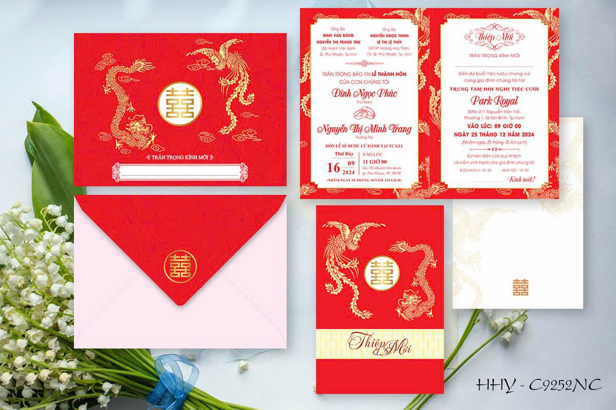 Thiệp chữ hỷ rồng phụng (9252)