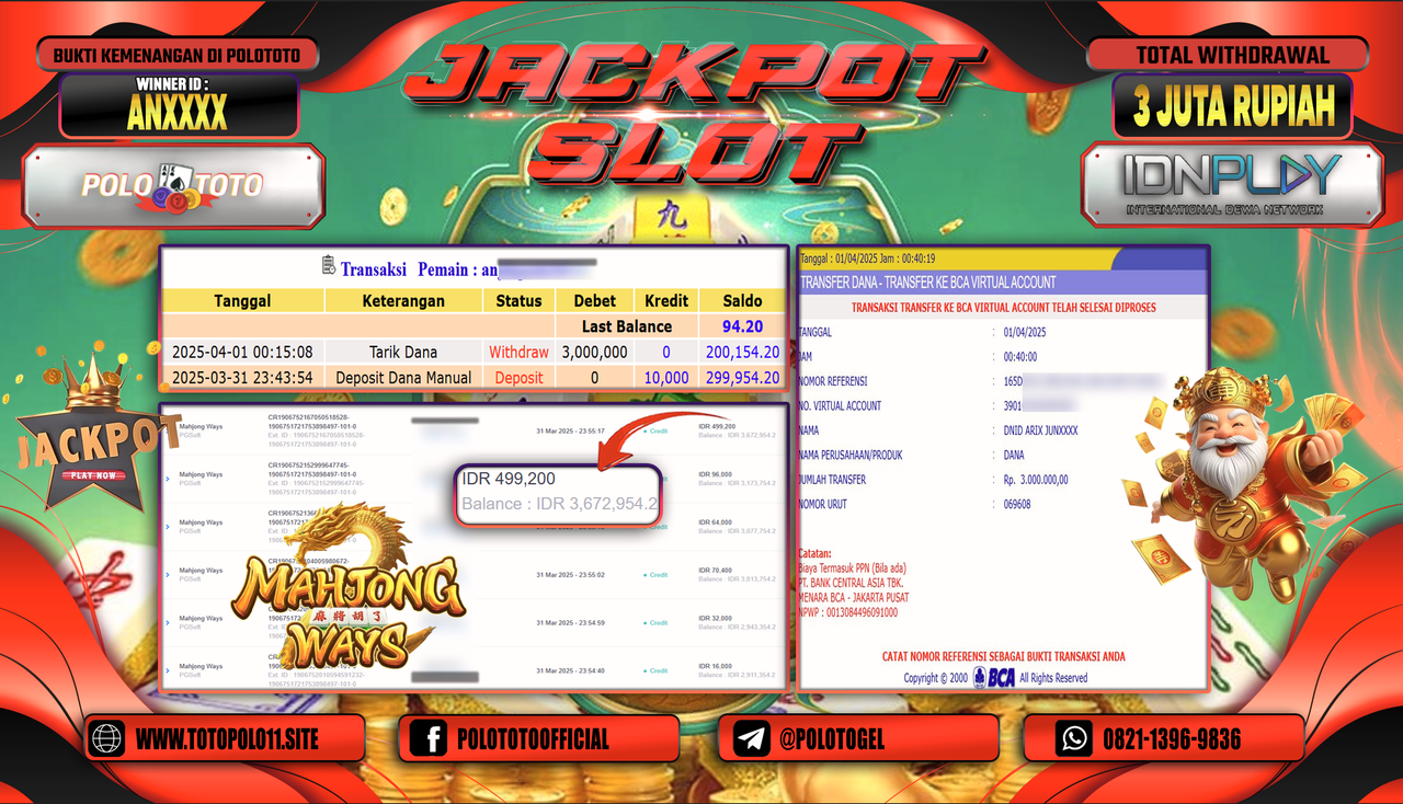 POLOTOTO JACKPOT SLOT MAHJONG WAYS  Rp.3.000.000,- LUNAS