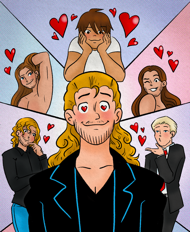 a drawing done in the style of an archie comic cover. kenny omega stands in the middle, standing with heart eyes. surrounding him clockwise from left to right are hangman adam page, nick jackson, kota ibushi, matt jackson, and cody rhodes, all looking somewhat flirty with hearts around them.