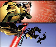 Accuracy-Optic Blast (Thin) destroys a Sentinel's hand to release Wolverine