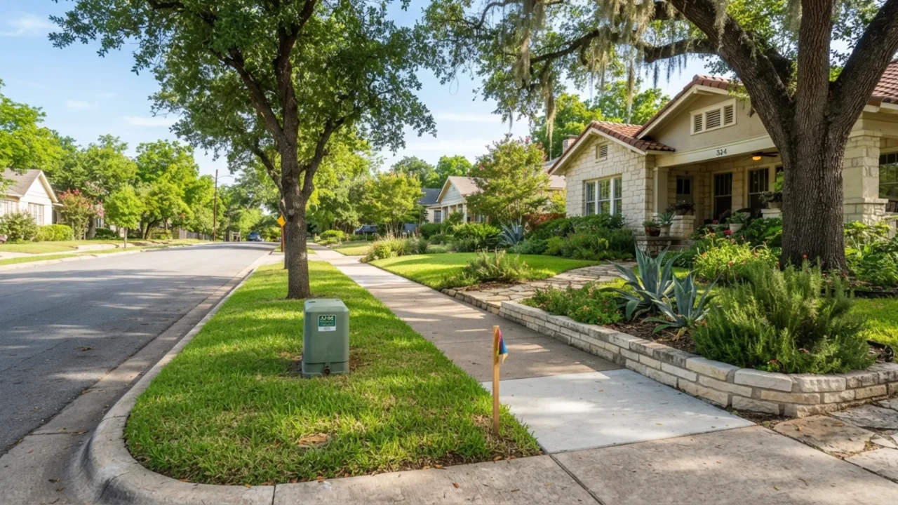 Residential sidewalk in front of San Antonio home showing property line and right of way area