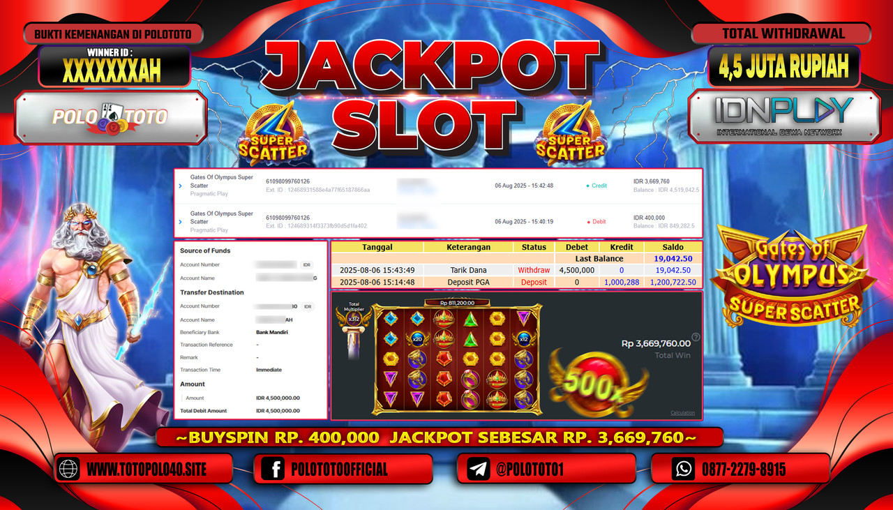 POLOTOTO JACKPOT SLOT GATES OF OLYMPUS SUPER SCATTER Rp.4.500.000,- LUNAS