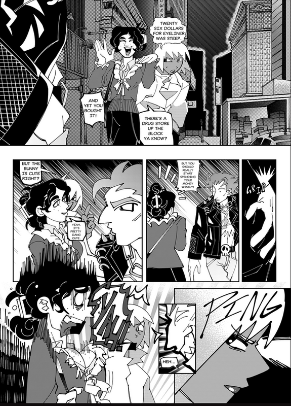 Another page where the two characters walk out of the store talking about how expensive the eyeliner they bought was and suddenly Heidi is groped by a stranger