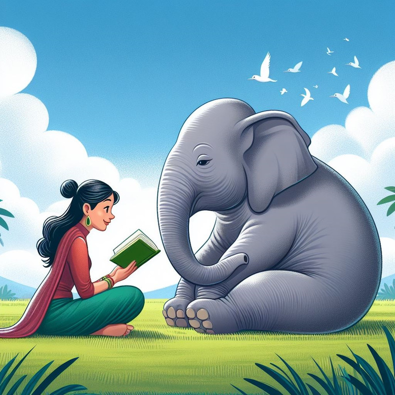 a lady reading haiku to an elephant