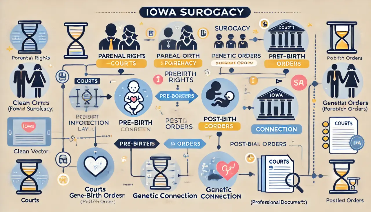 Flowchart explaining pre-birth and post-birth orders for parental rights in Iowa surrogacy.