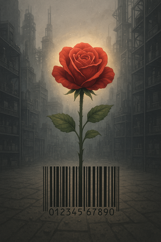 A red rose blooming from a barcode in a foggy, industrial city of iron