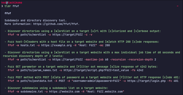 TLDR (Too Long, Didn't Read) utility page for FFUF, the fuzzy finder.