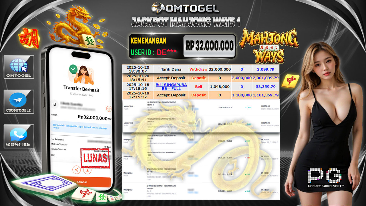 OMTOGEL JACKPOT PGSOFT MAHJONG WAYS 32 JUTA DI BAYAR LUNAS ,-
