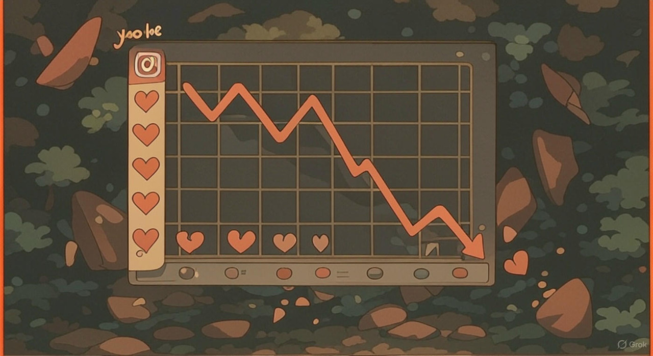 Instagram engagement graph showing declining likes in cosmic background