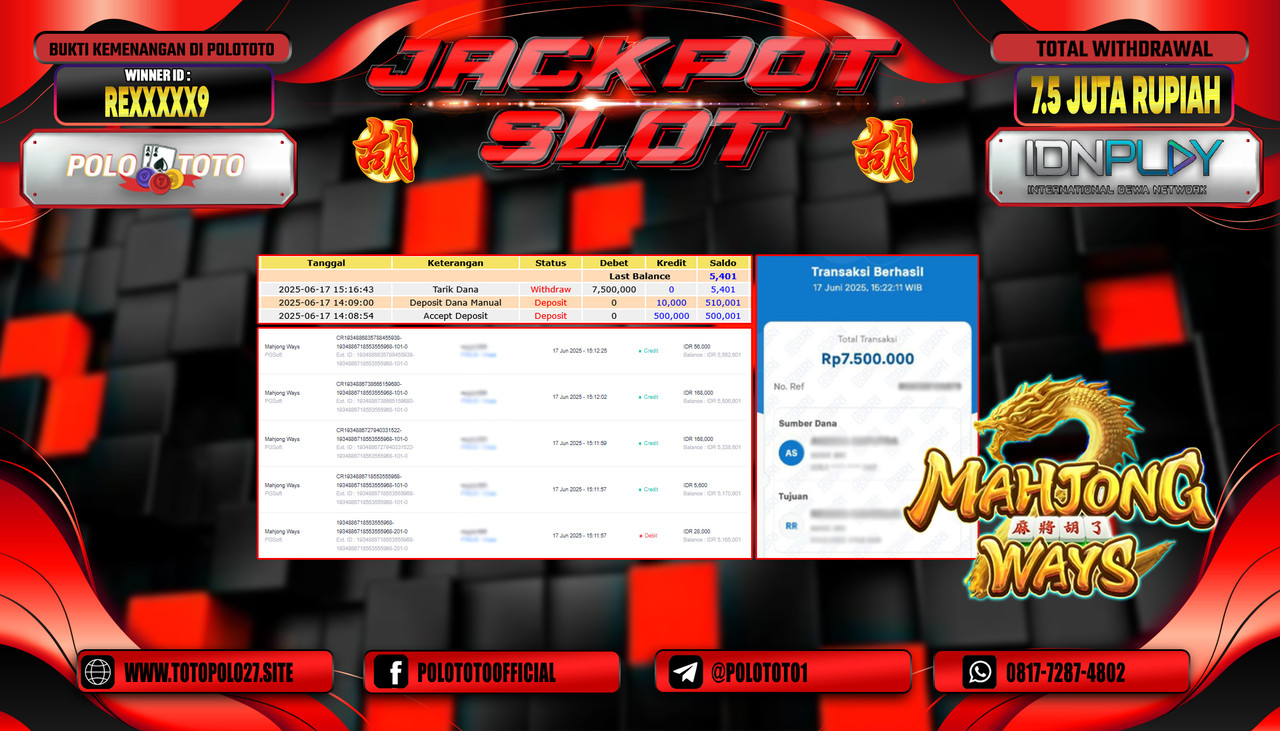 POLOTOTO JACKPOT SLOT MAHJONG WAYS Rp.7.500.000,- LUNAS