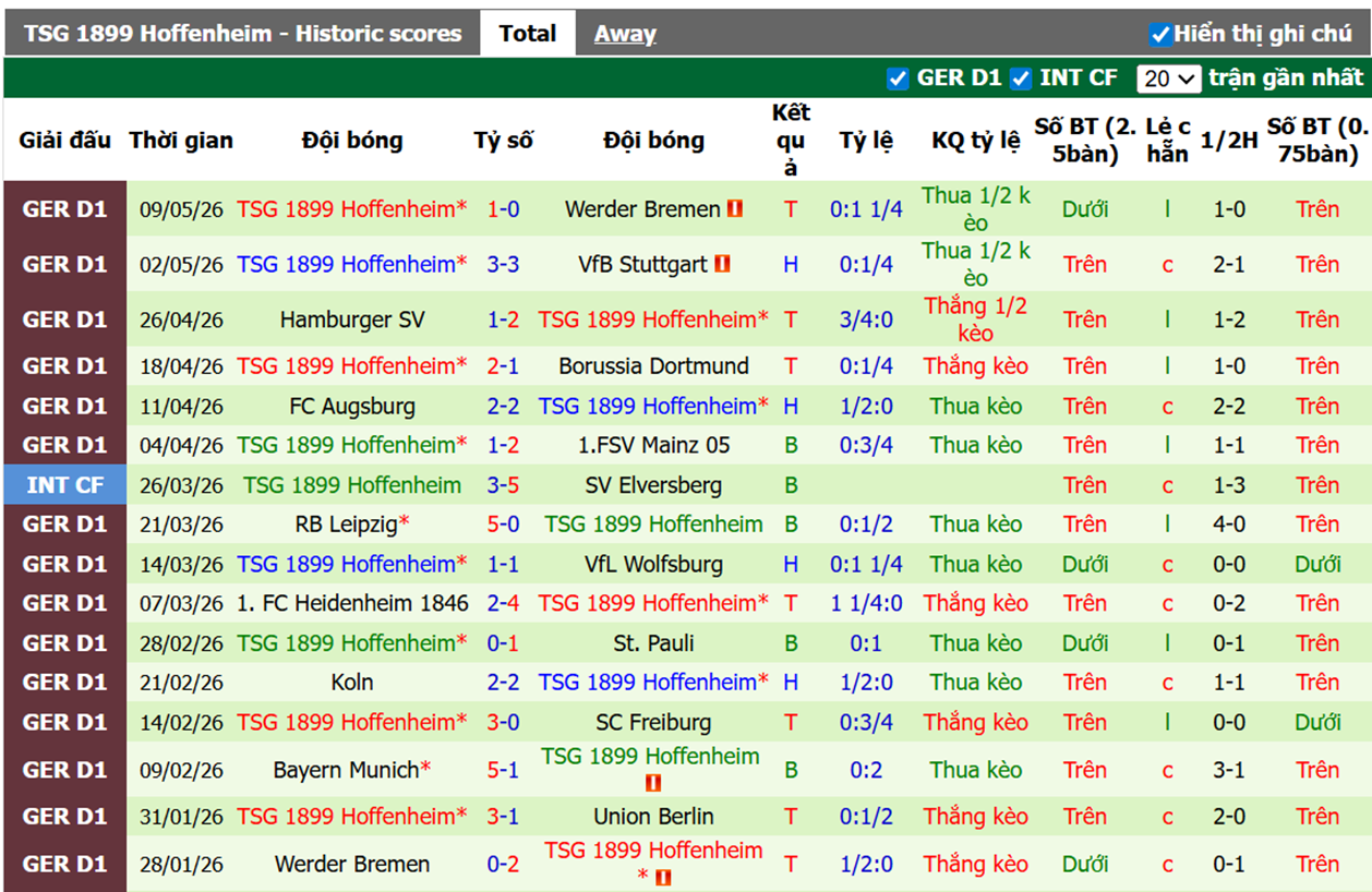Phong độ gần đây TSG 1899 Hoffenheim