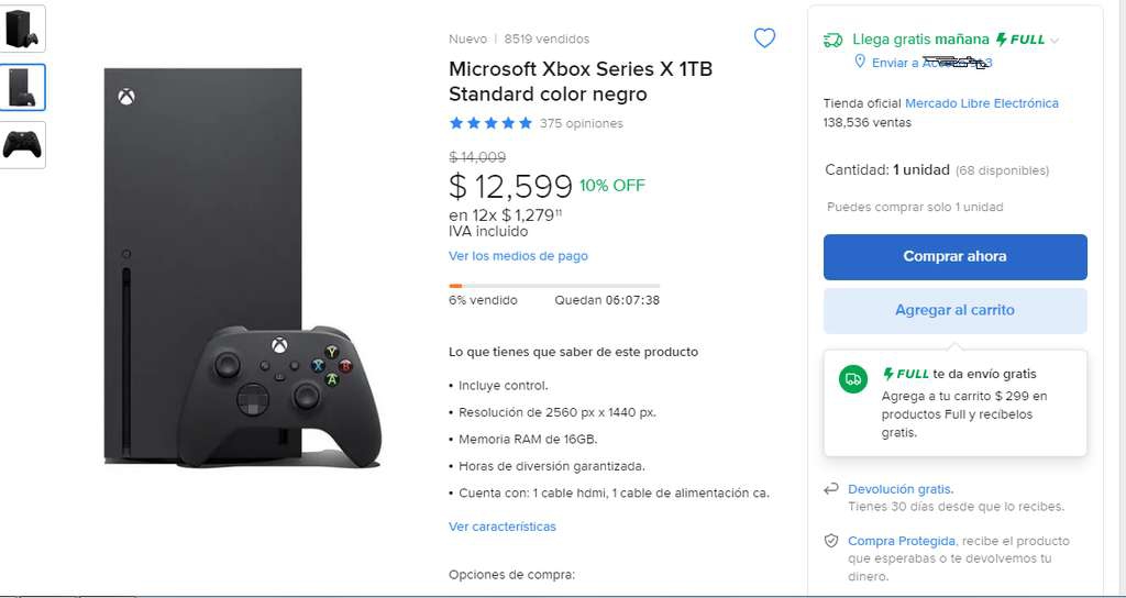 OFERTA RELAMPAGO "XBOX SERIES X" $12,599.00 FULL ENVIO MERCADOLIBRE ELECTRONICA 