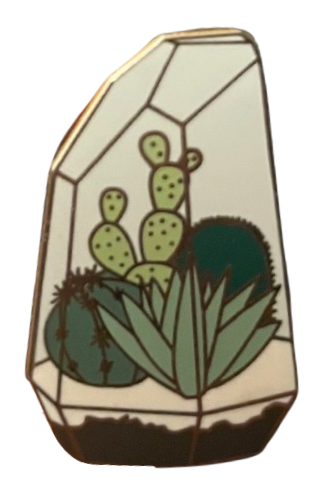 an enamel pin of a polygonal terrarium with four cacti/succulents inside