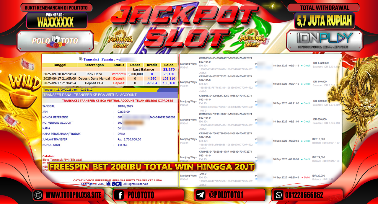 POLOTOTO JACKPOT SLOT MAHJONG WAYS Rp.5.700.000,-