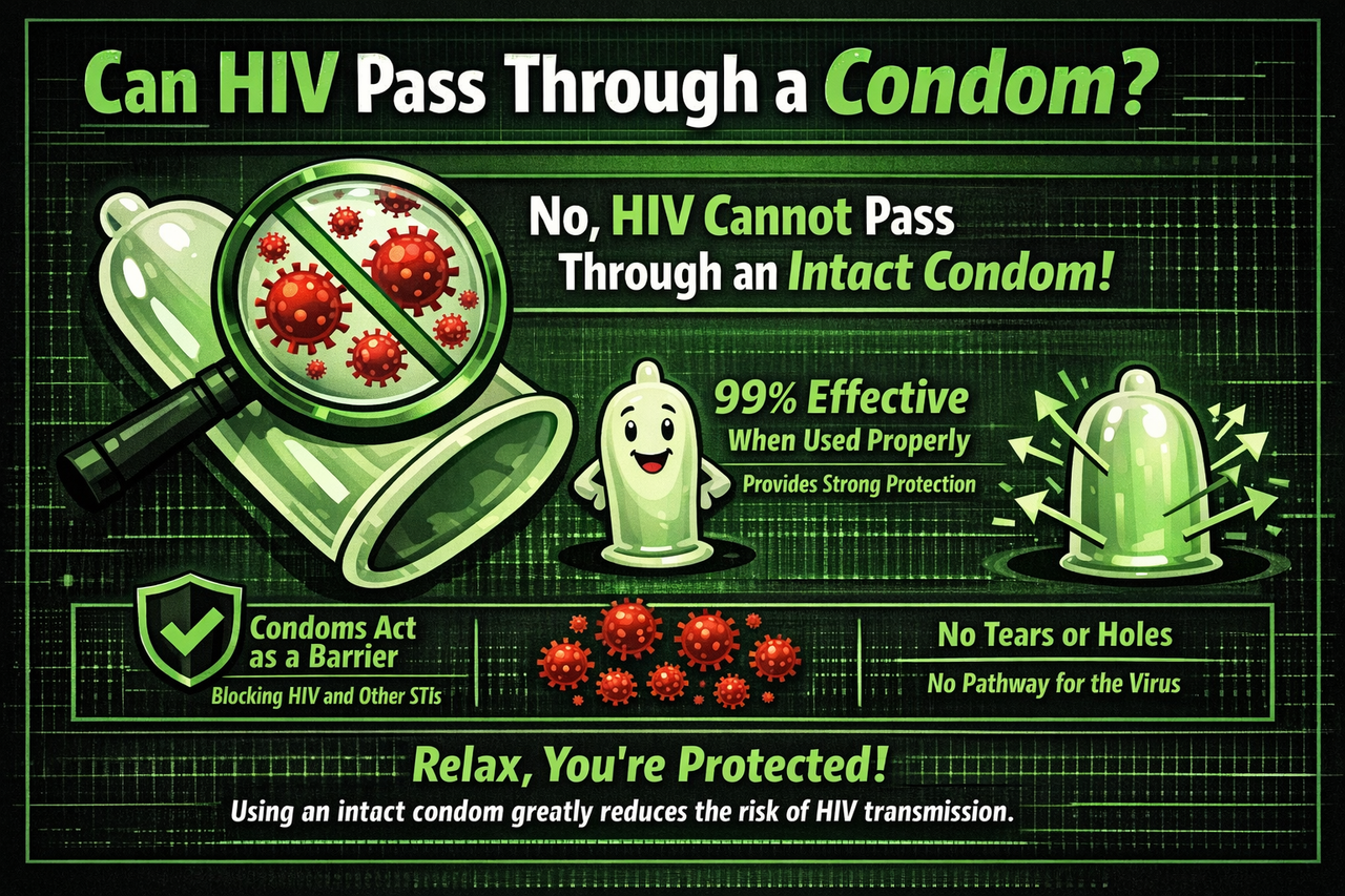 Illustration showing that HIV cannot pass through an intact condom in a green and black hacker style theme