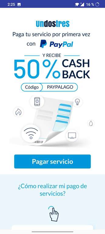 UnDosTres: Cupón del 50% de CashBack al pagar por primera vez un servicio con Paypal, topado a $250 
