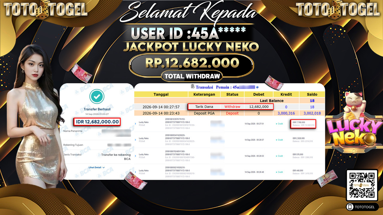Bukti Pembayaran Jackpot Slot Lucky Neko  ID:45A*****LUNAS