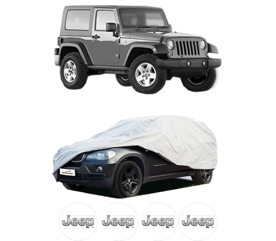 Husa tip prelata auto pentru JEEP WRANGLER III (JK) din 2006-2015, Culoare Gri, material textil impermeabil, rezistanta la intemperii praf UV, CARPASSION Husa Protectie, 4 Stickere auto cu JEEP