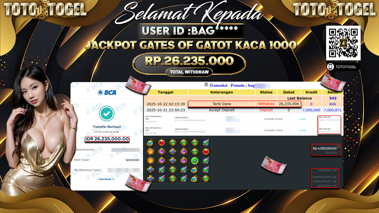 Bukti Pembayaran Jackpot Permainan Slot Gates Of Gatot Kaca 1000 ID:BAG**** LUNAS