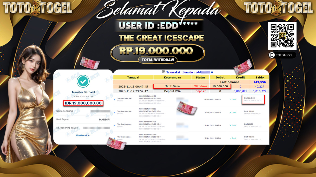 Bukti Pembayaran Jackpot Permainan Slot The Great Icescape ID:EDD***** LUNAS
