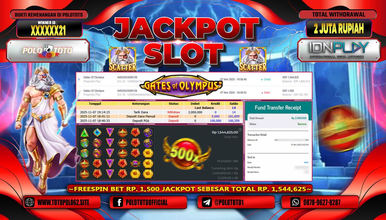 POLOTOTO JACKPOT SLOT GATES OF OLYMPUS 1000 Rp.2.000.000,- LUNAS