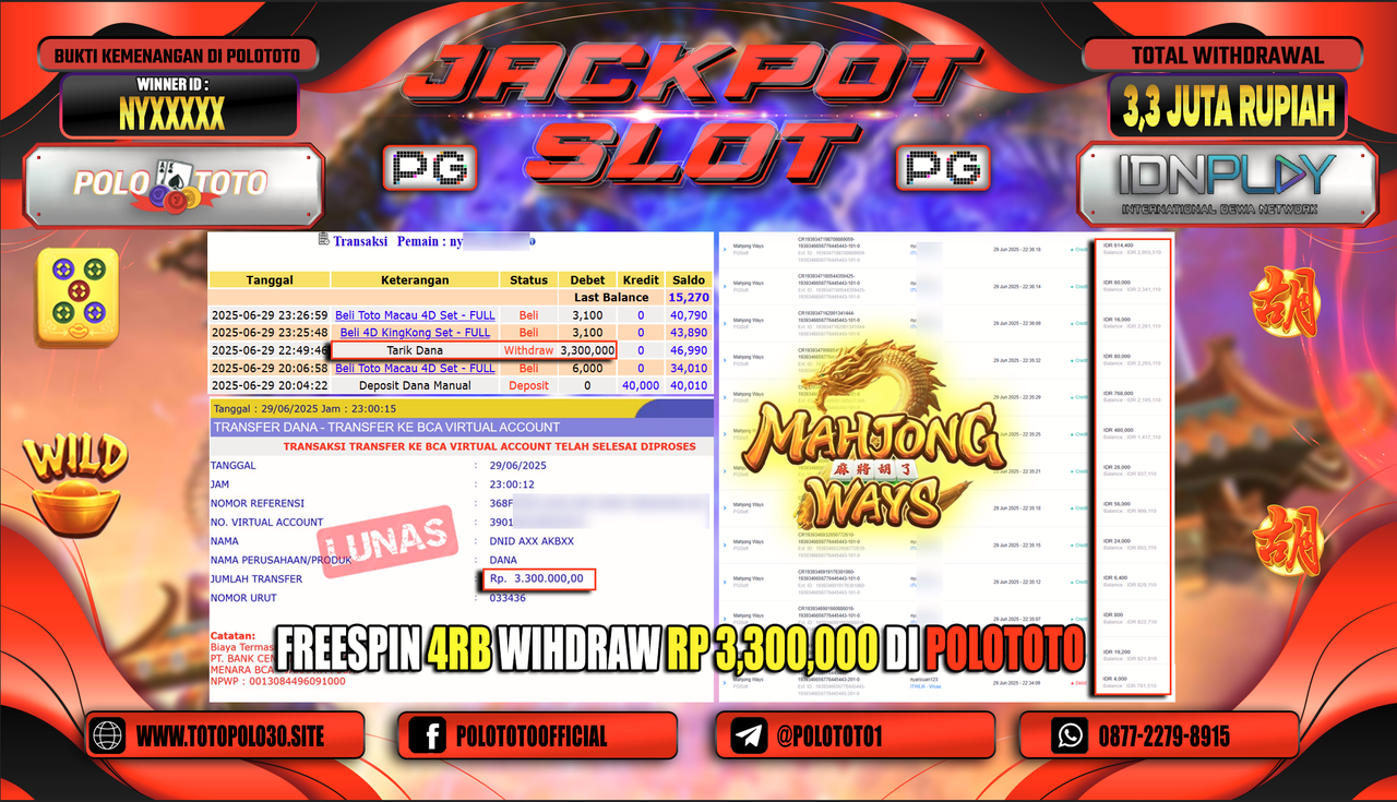 POLOTOTO JACKPOT SLOT MAHJONG WAYS Rp.3.300.000,-