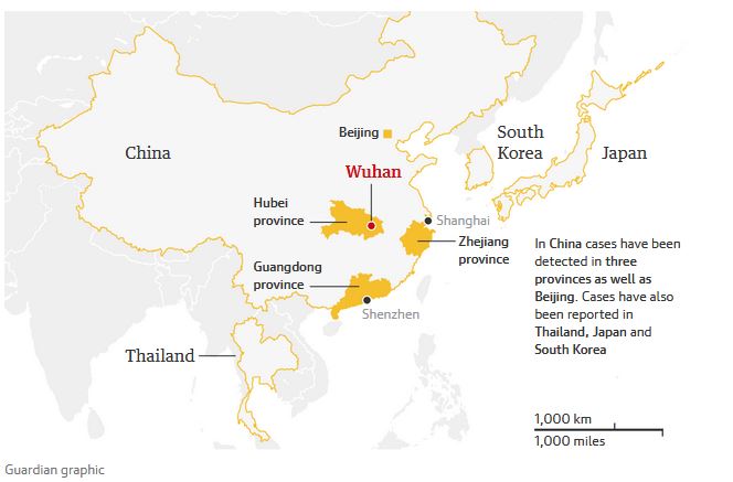 Setidaknya 14 kasus terjadi di Provinsi Guangdong, 5 di Beijing, 5 di Provinsi timur Zhejiang, dua di Shanghai, dan dua di Kota Tianjin.