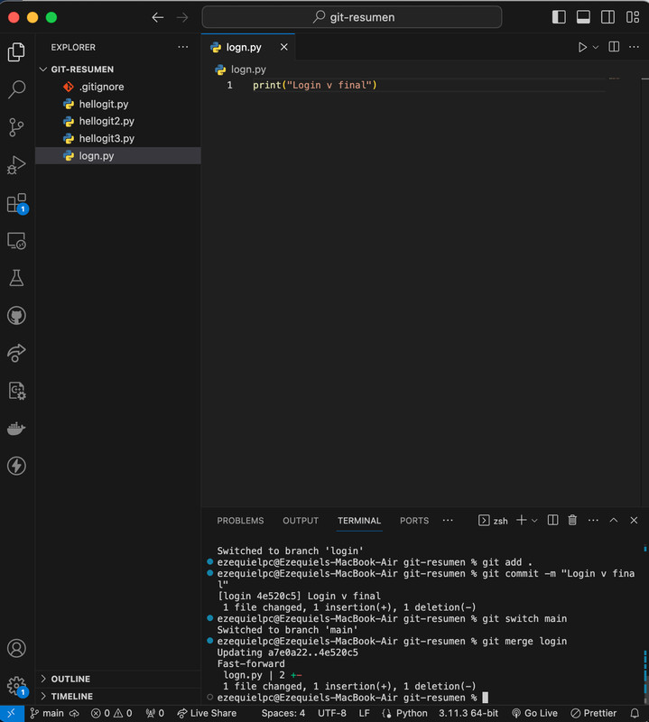 Mergeo rama login en rama main Reintregacion Ramas en Git