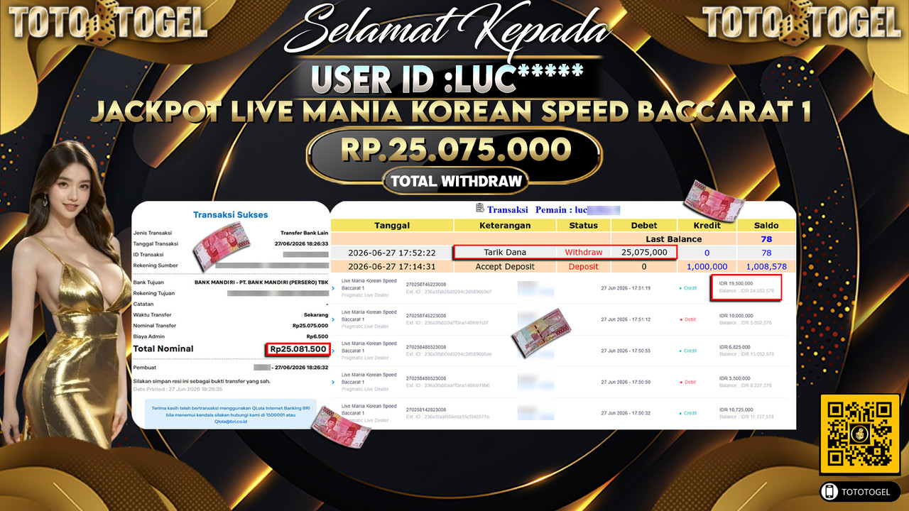 Bukti Pembayaran Jackpot Permainan Pragmatic Live Mania Korean Speed Baccarat 1 ID:LUC*****LUNAS