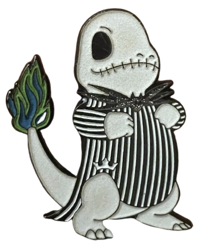 an enamel pin of charmander, but stylized to look like jack skellington, with a pinstripe suit, black & blue flames, a light grey skintone, skellington's lip style, and more