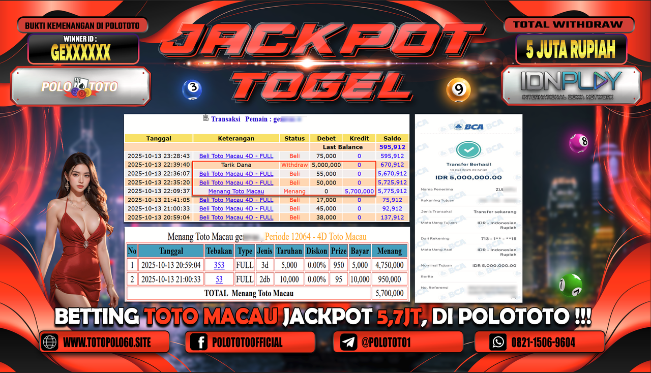 POLOTOTO JACKPOT TOGEL MENANG TOTO MACAU Rp.5.000.000,- LUNAS